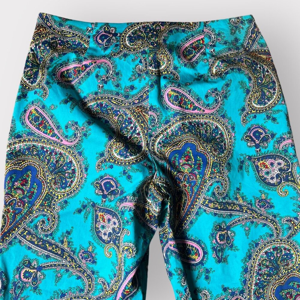 Talbots size 4 Turquoise Blue Paisley Flat Front Crop Pants - Picture 9 of 10